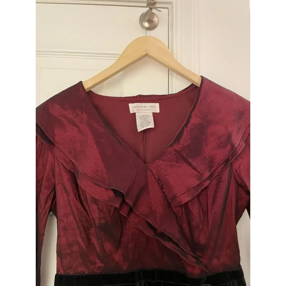 Jackie Jon Burgundy Shimmer Ruffle Peplum Blouse vintage Velvet Belt  Size 8